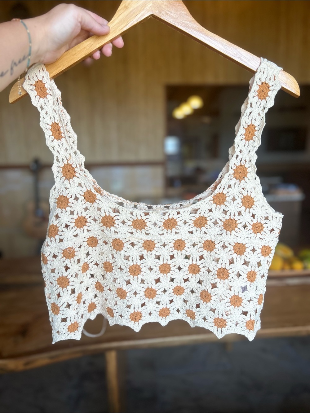 Floral Crochet Cropped Tank Top S/M Brown Granny Square Cottagecore Retro 70s